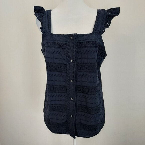 Loft Navy Eyelet Flutter Strap Button Front Top Size Medium - Picture 10 of 10